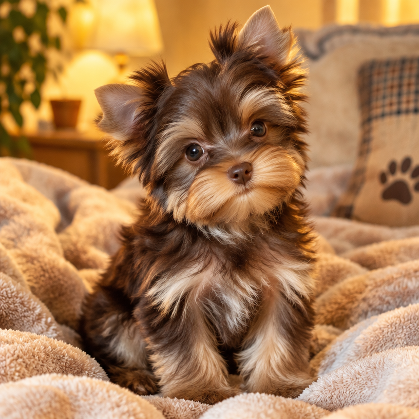 Cachorro Yorkshire Terrier exótico con pelaje chocolate y crema