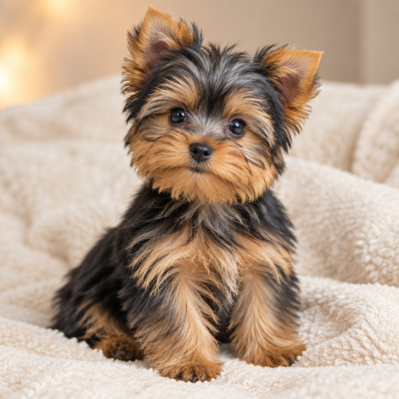 Cachorro Yorkshire Terrier tradicional con pelaje azul acero y dorado
